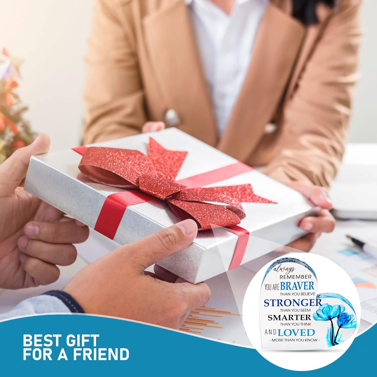 Motivational Gifts - Acrylic Hearts with Heartwarming Message - Inspirational Gifts for Women, Men Gifts - Home Office Desk Decor - Best Friends Gifts, Colleague Leaving Gifts, (Heart - Blue Flower)