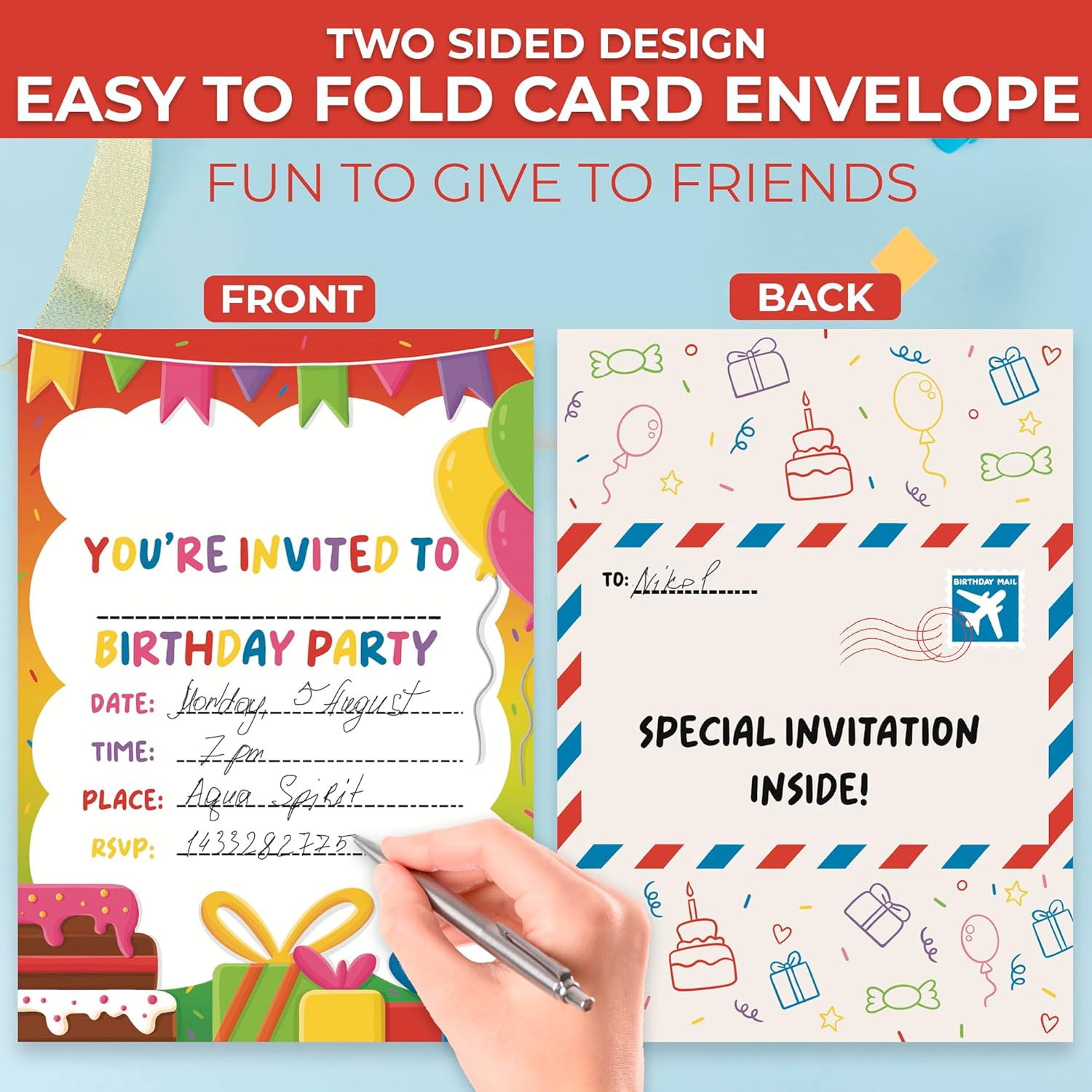 VELENTI 40 Kids Children's Birthday Party Invitations with Folding Envelope Design and Holographic Stickers"