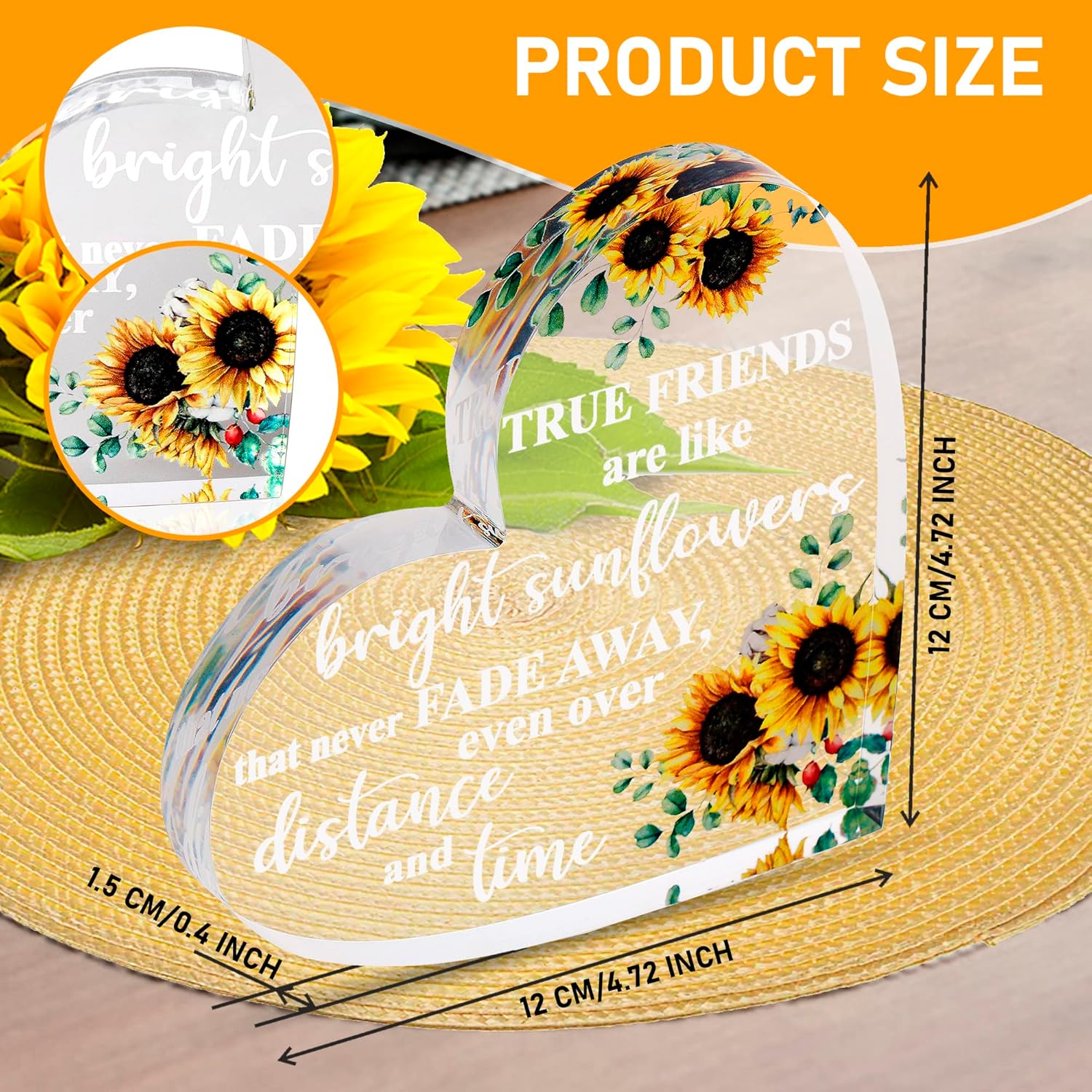 VELENTI Friendship Gifts - Acrylic Heart Friendship Gift for Her - Inspirational Gifts for Women - Long Distance Relationship Gifts -Best Friend Gift, Bestie Gifts (Sunflower Style)