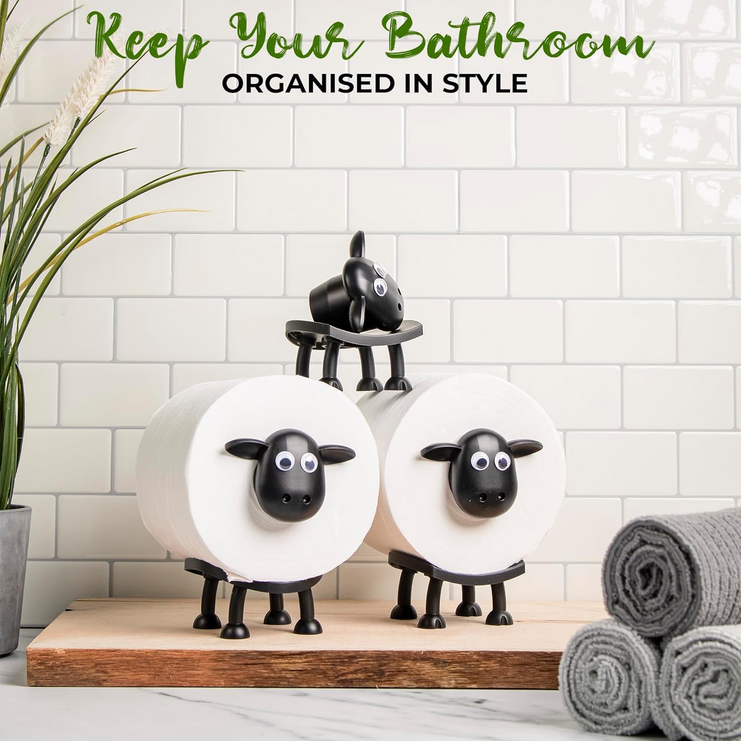 VELENTI Sheep Toilet Roll Holder - Funny Toilet Paper Holder Free Standing Bathroom Set - 3D Printed Black Sheep Loo Roll Holder - Hilarious Tissue Paper Roll Storage - Cute Bathroom Decor - Set Of 3