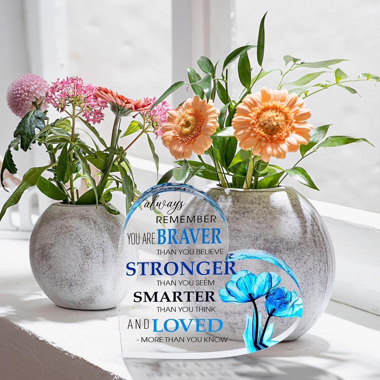 Motivational Gifts - Acrylic Hearts with Heartwarming Message - Inspirational Gifts for Women, Men Gifts - Home Office Desk Decor - Best Friends Gifts, Colleague Leaving Gifts, (Heart - Blue Flower)