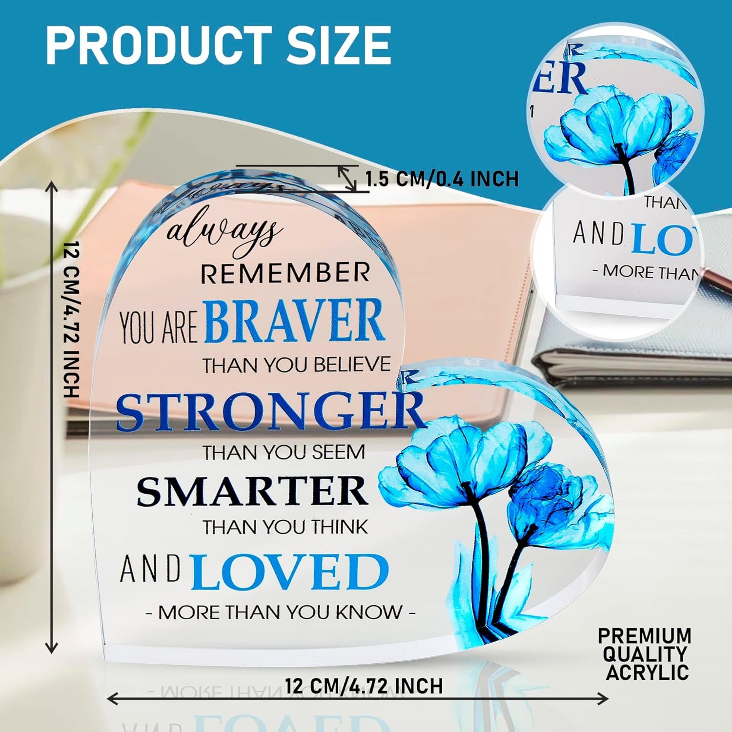 Motivational Gifts - Acrylic Hearts with Heartwarming Message - Inspirational Gifts for Women, Men Gifts - Home Office Desk Decor - Best Friends Gifts, Colleague Leaving Gifts, (Heart - Blue Flower)