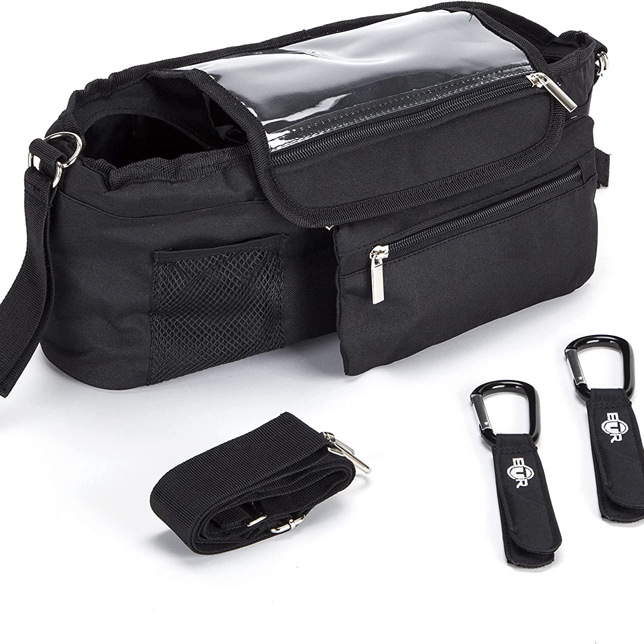 BTR Buggy Organiser Pram Organiser Bag with Detachable Purse & Mobile Phone Holder. Plus Additional Pram Clips. Recyclable Packaging, Black
