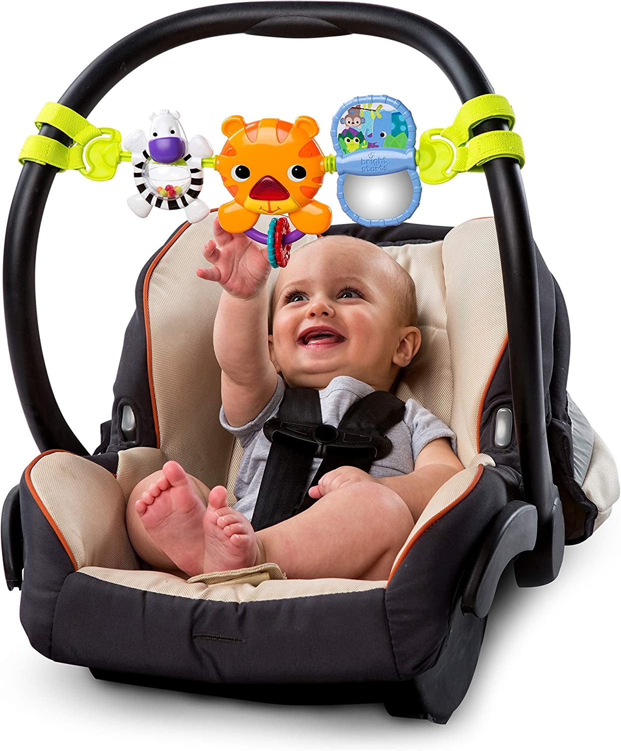 Bright Starts, Take Along Musical Carrier Activity Toy Bar, 4 Melodies, Ball Rattle, Self Discovery Mirror, Bead Chaser, Jungle Themed Baby Toys, Clip on Pram & Pushchair, Ages Newborn +, Multi-Colour
