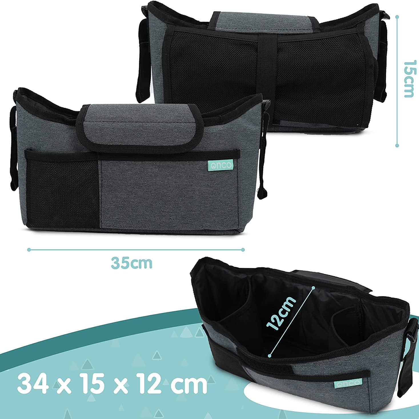 Onco Premium Pram Bag - Large Capacity Buggy Organiser with Pram Cup Holder - Ultra Secure Universal Fit Pram Accessories (Charcoal Grey)
