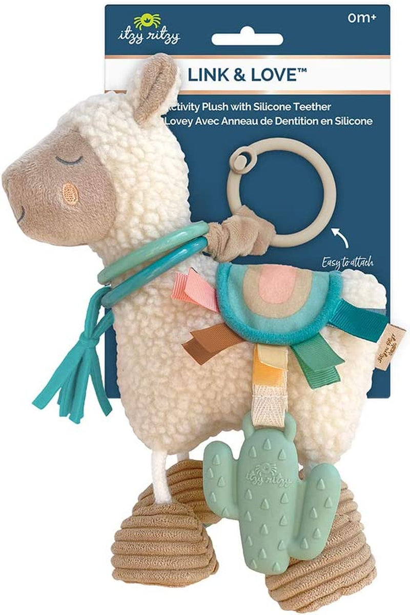 Itzy Ritzy Link & Love Toy for Stroller, Car Seat or Activity Gym, Features Textured Ribbons, Crinkle Sounds, Clinking Rings & Silicone Teether, Llama