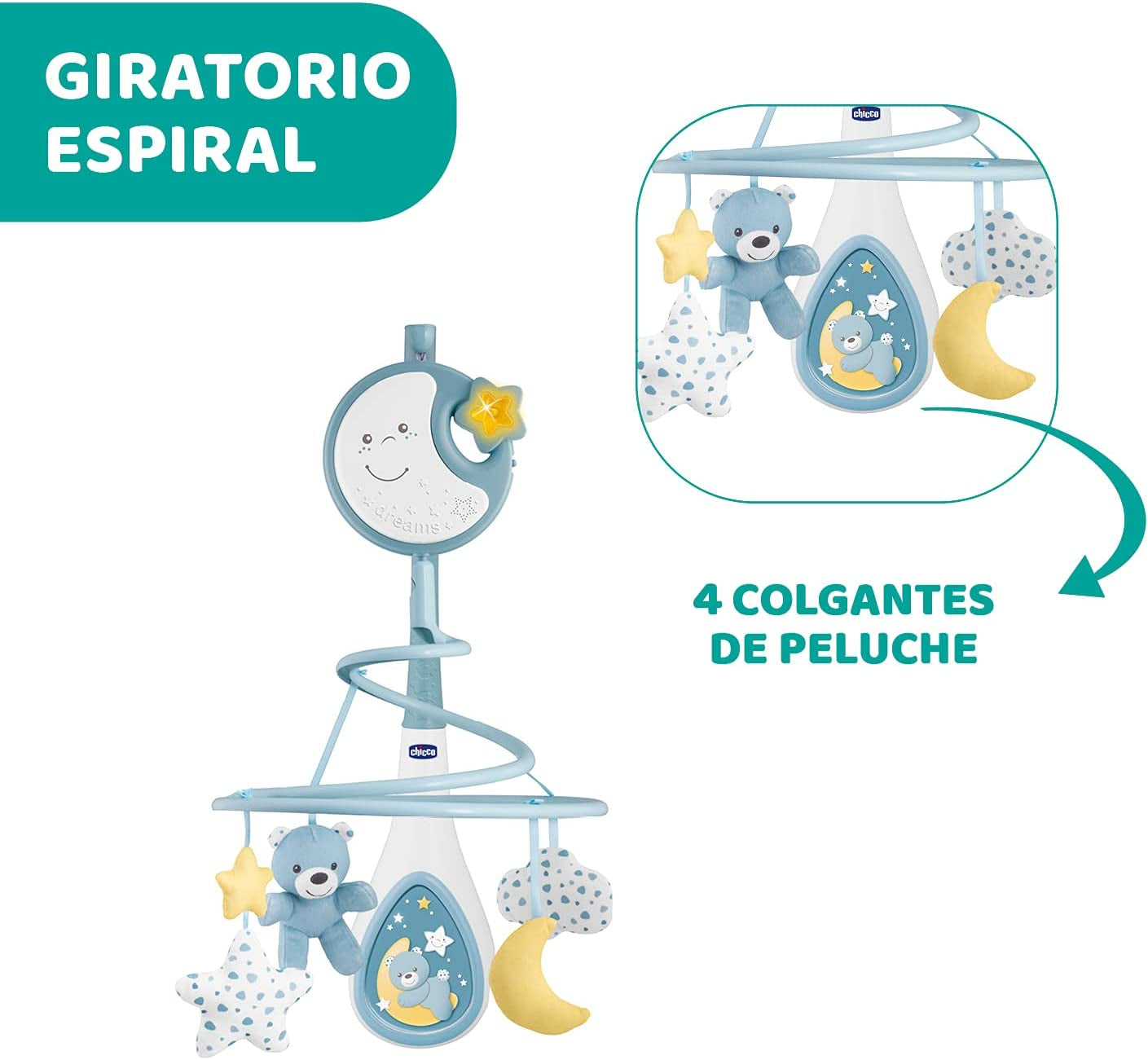 Chicco Next2Dreams Baby Mobile with Music Box for Cot and Bed - 3 in 1 Baby Mobile Compatible with Next2Me Cot, with Sound Effects, Soft Night Light Projector and Classical Music - 0+ Months, Blue