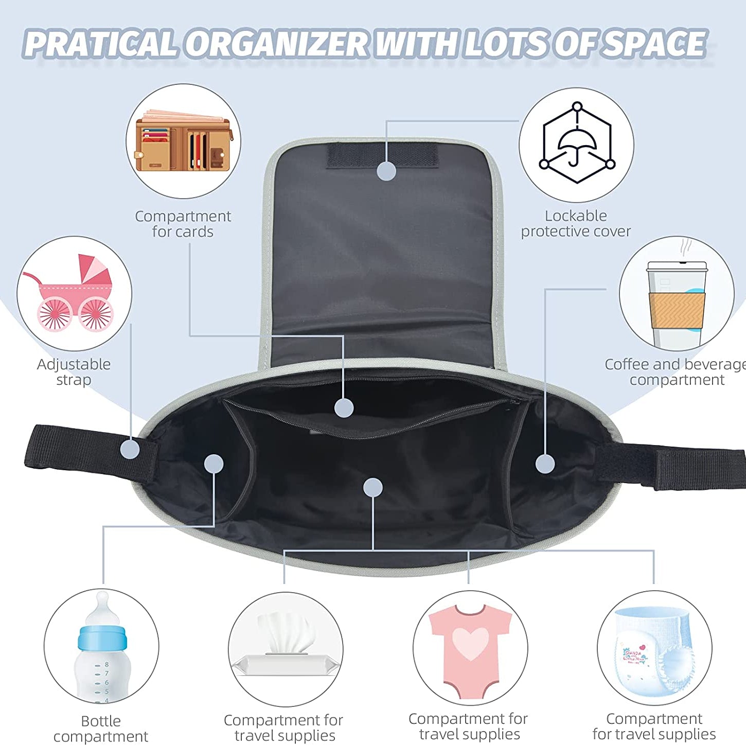 Miracle Baby® Stroller Storage Bag - Baby Carriage Organizer Diaper Bag - Large Capacity with 2 Cup Holders