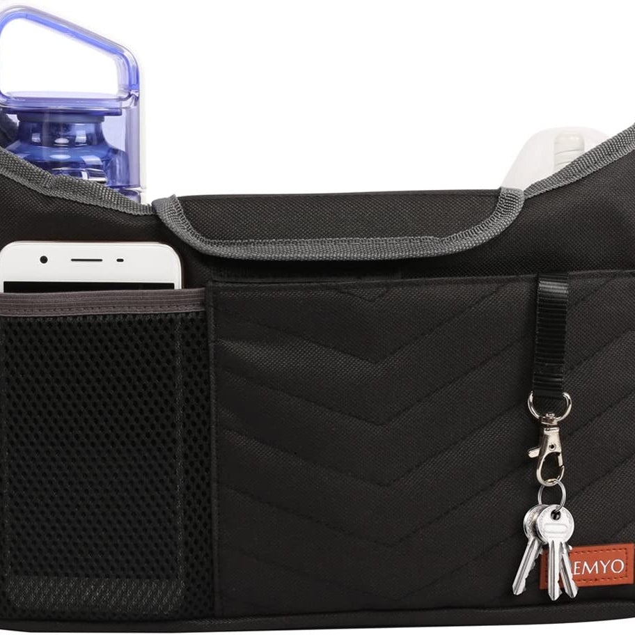 PREMYO Buggy Organiser Pram Bag Stroller - Cup Holder Universal Fit Spacious - with Changing Mat Shoulder Strap Black