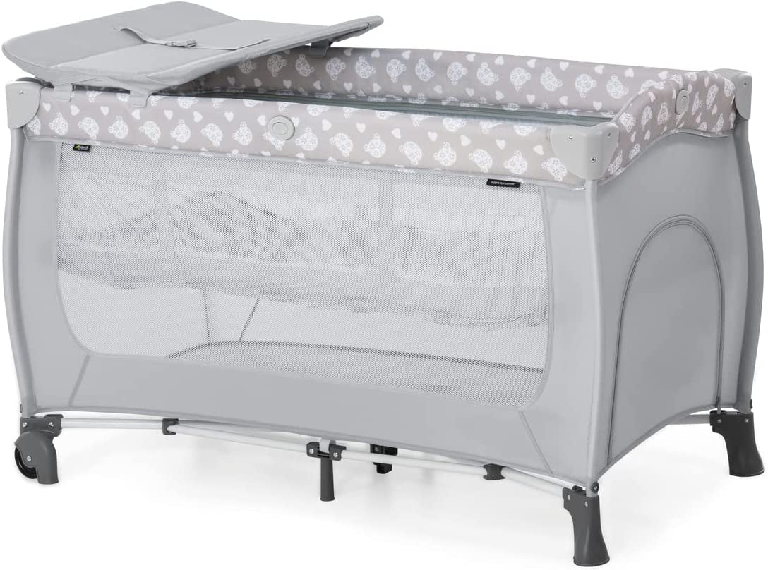 Hauck Travel Cot Set Sleep N Play Center / for Babys and Toddlers from Birth up to 15 kg / 120 x 60 cm / Changing Table / 2nd Level / Wheels / Side Hatch / Foldable / Transport Bag / Nordic Grey