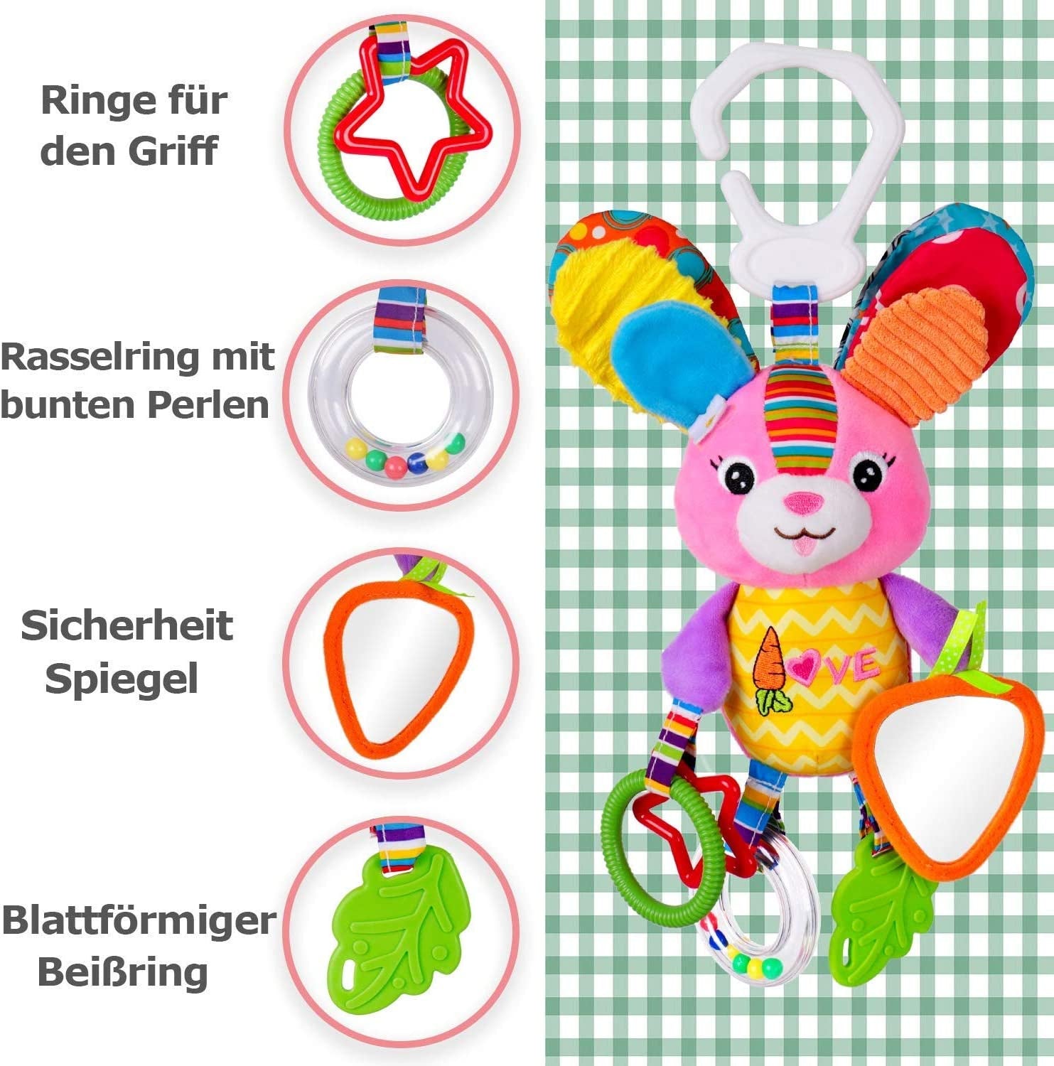 Dreamsdox Cute Animal Soft Baby Rattles Teether Toys, Baby Crib Cot Pram Hanging Rattles Stroller Car Seat Toy (Rabbit)