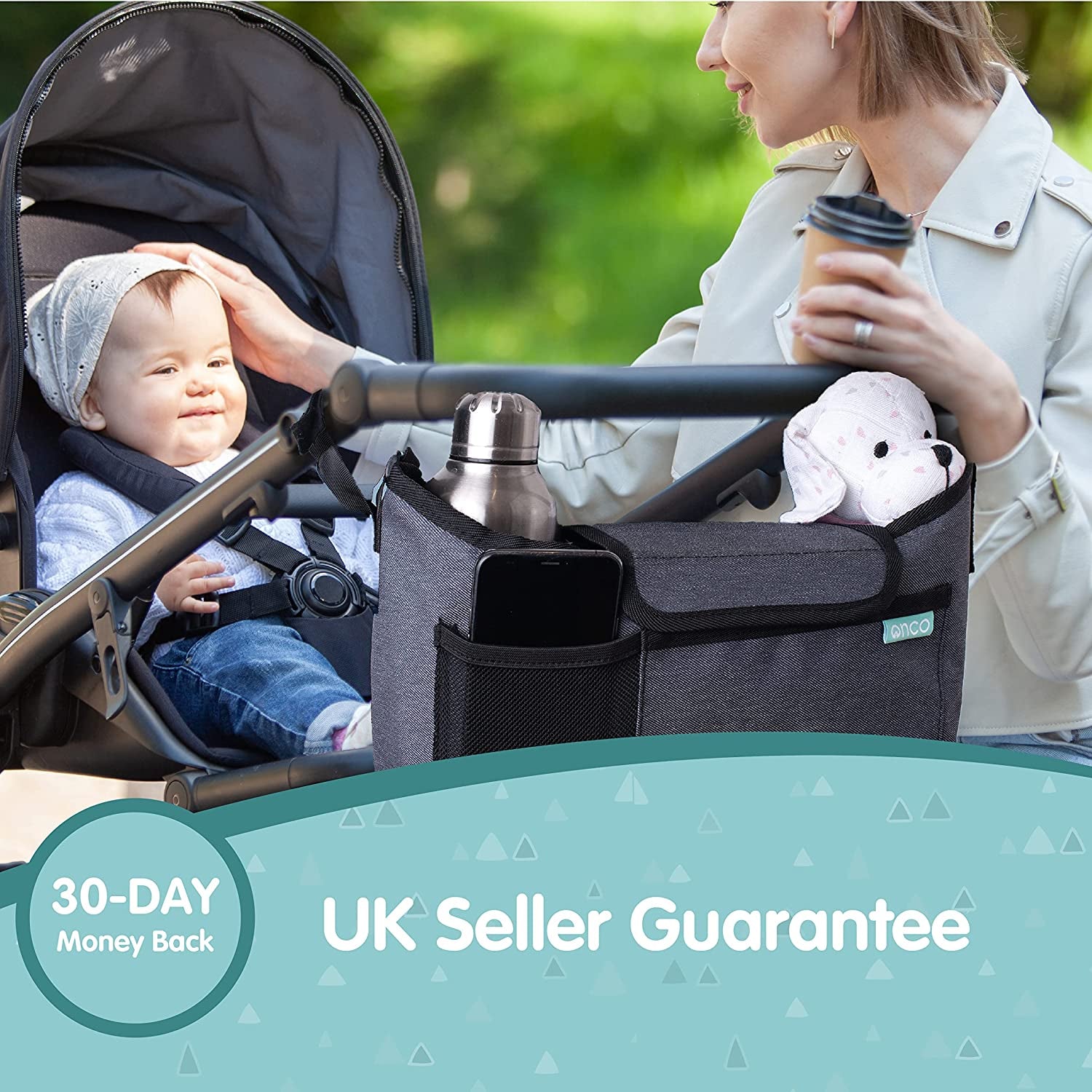 Onco Premium Pram Bag - Large Capacity Buggy Organiser with Pram Cup Holder - Ultra Secure Universal Fit Pram Accessories (Charcoal Grey)