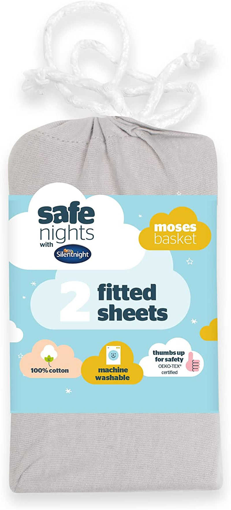 Silentnight Safe Nights Cot Bed Size Fitted Sheets Set 100% Jersey Cotton Bedside Compatible Pack of Two Grey Star easy Care Super Soft Cuddly for Baby with Storage Bag (120cm x60cm x 12cm)