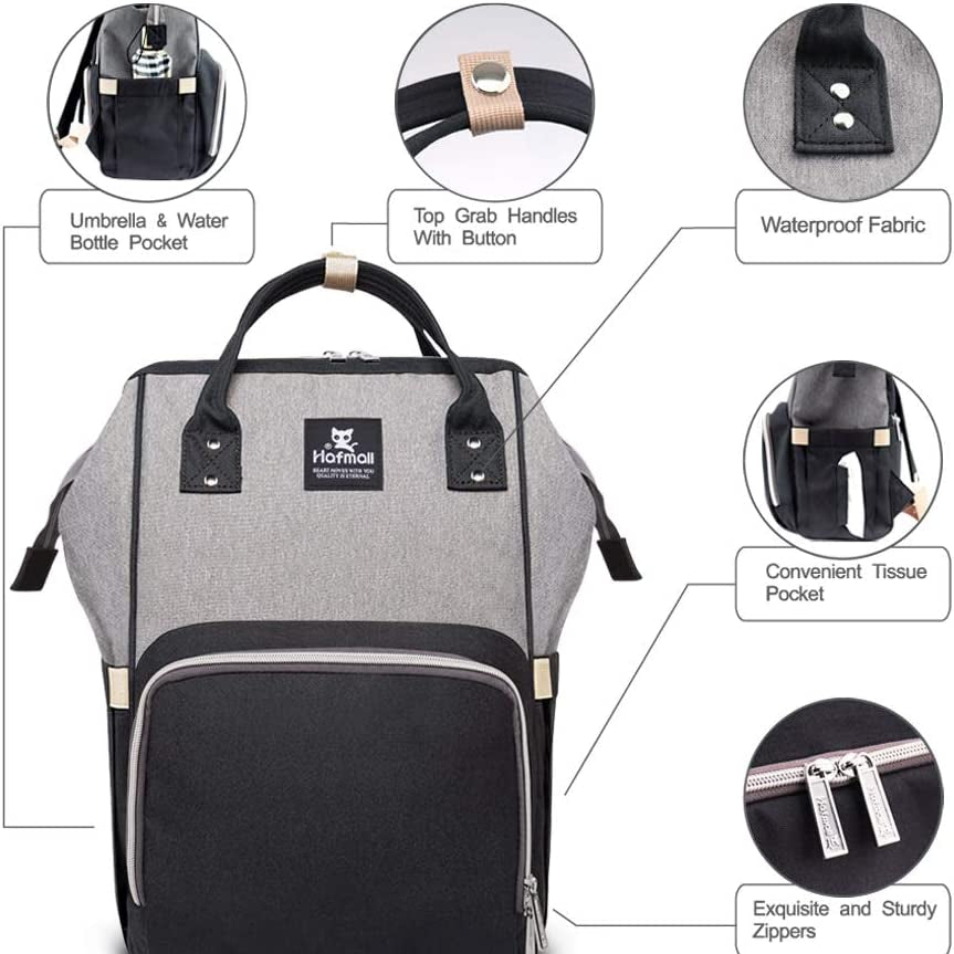 Hafmall Changing Bag Backpack Waterproof Travel Baby Bag, Stylish Large Capacity Nappy Backpack with Changing Mat and Stroller Straps (Black+Gray)