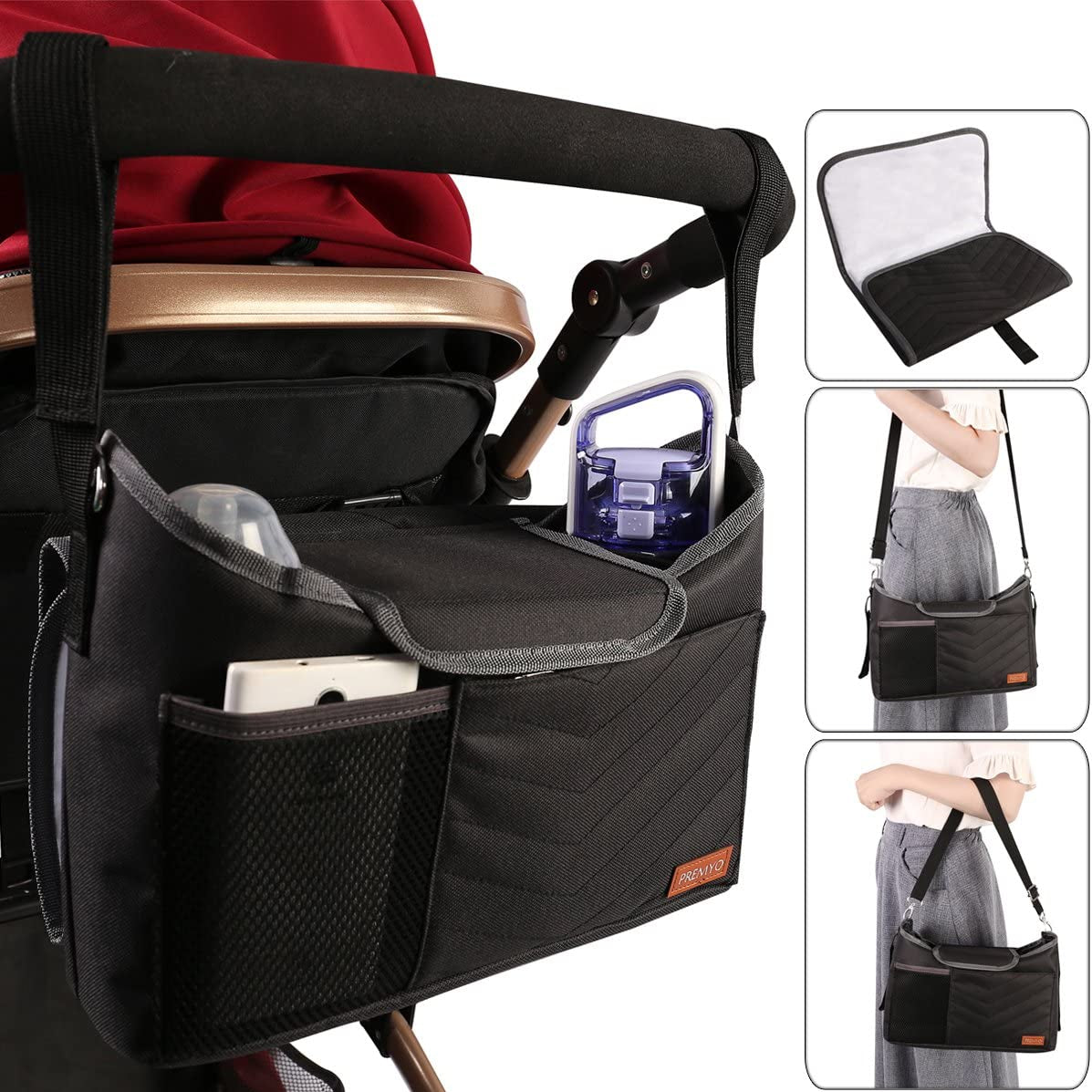 PREMYO Buggy Organiser Pram Bag Stroller - Cup Holder Universal Fit Spacious - with Changing Mat Shoulder Strap Black