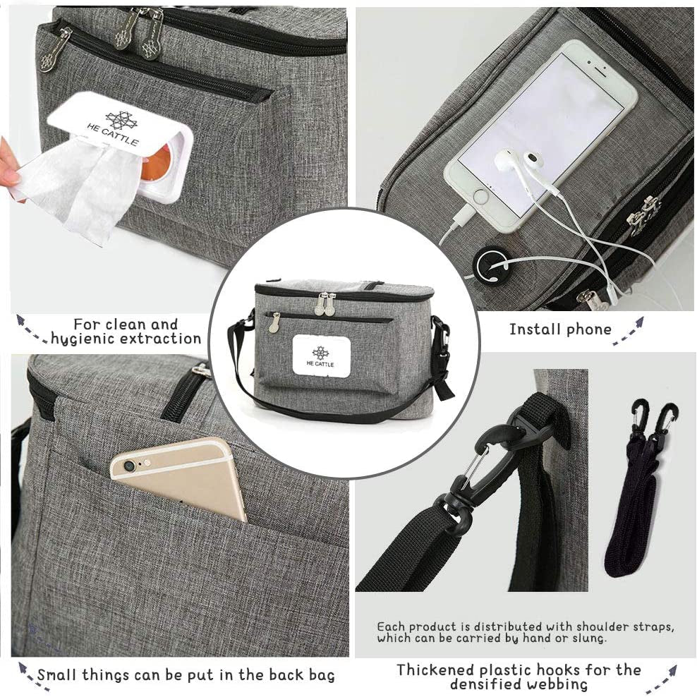 auvstar Buggy Organiser Bag, Pram Storage Bag,Baby Stroller Organizer,Universal Large Capacity Multi Compartment Hanging Pushchair Diaper Bags with Mobile Phone Pockets and Shoulder Strap(Grey)