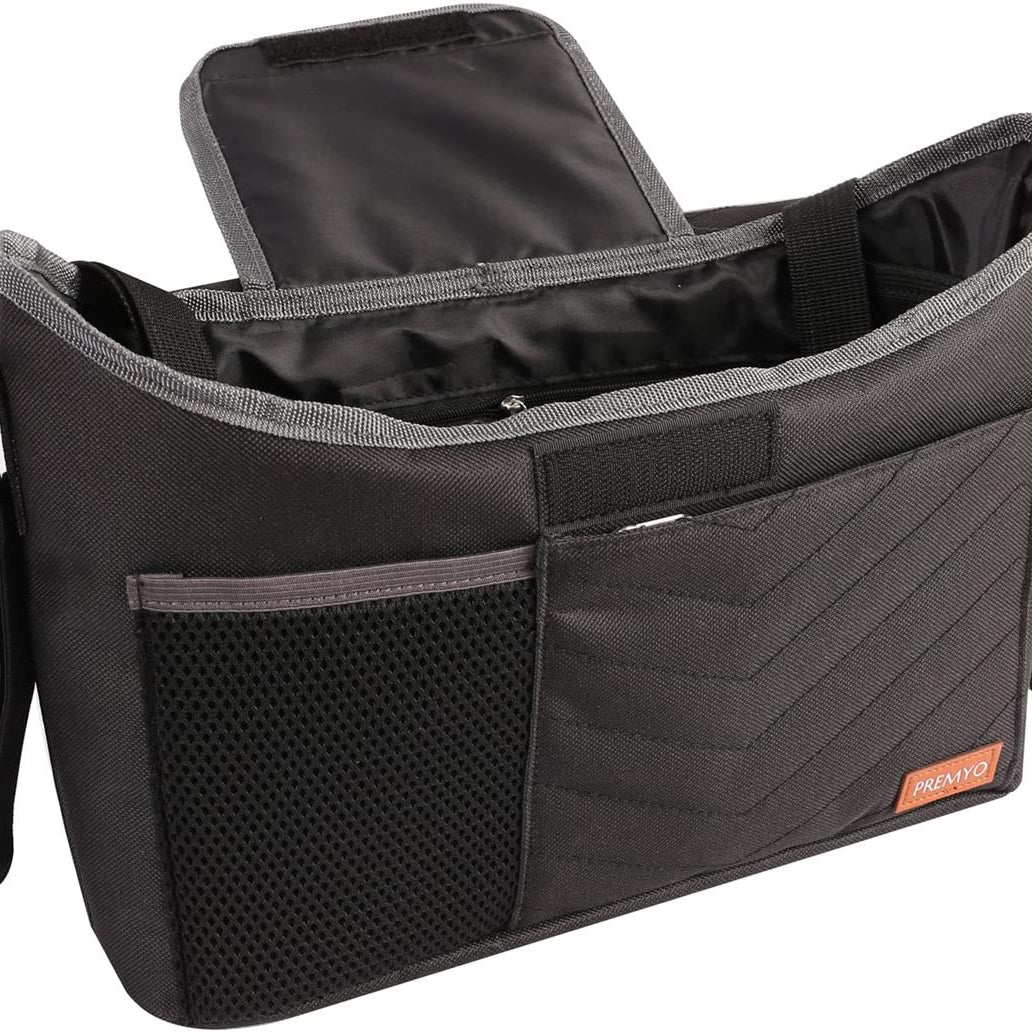 PREMYO Buggy Organiser Pram Bag Stroller - Cup Holder Universal Fit Spacious - with Changing Mat Shoulder Strap Black