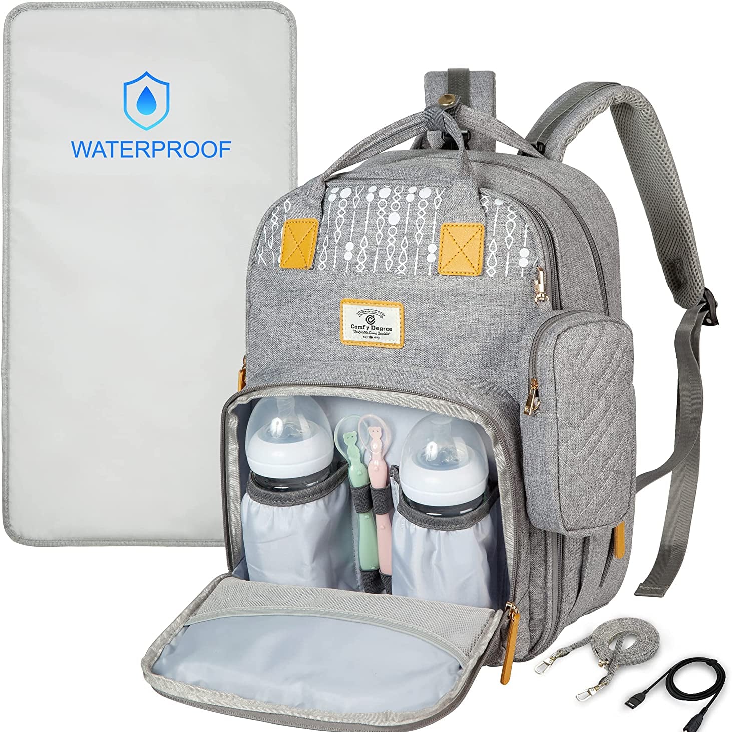 ComfyDegree Baby Changing Bag Backpack Waterproof Multi-Function Large Capacity Diaper Bag Rucksack with USB Port, Stroller Straps & 2X Insulated Bottle Warmer Pockets for Mom and Dad (Gray)