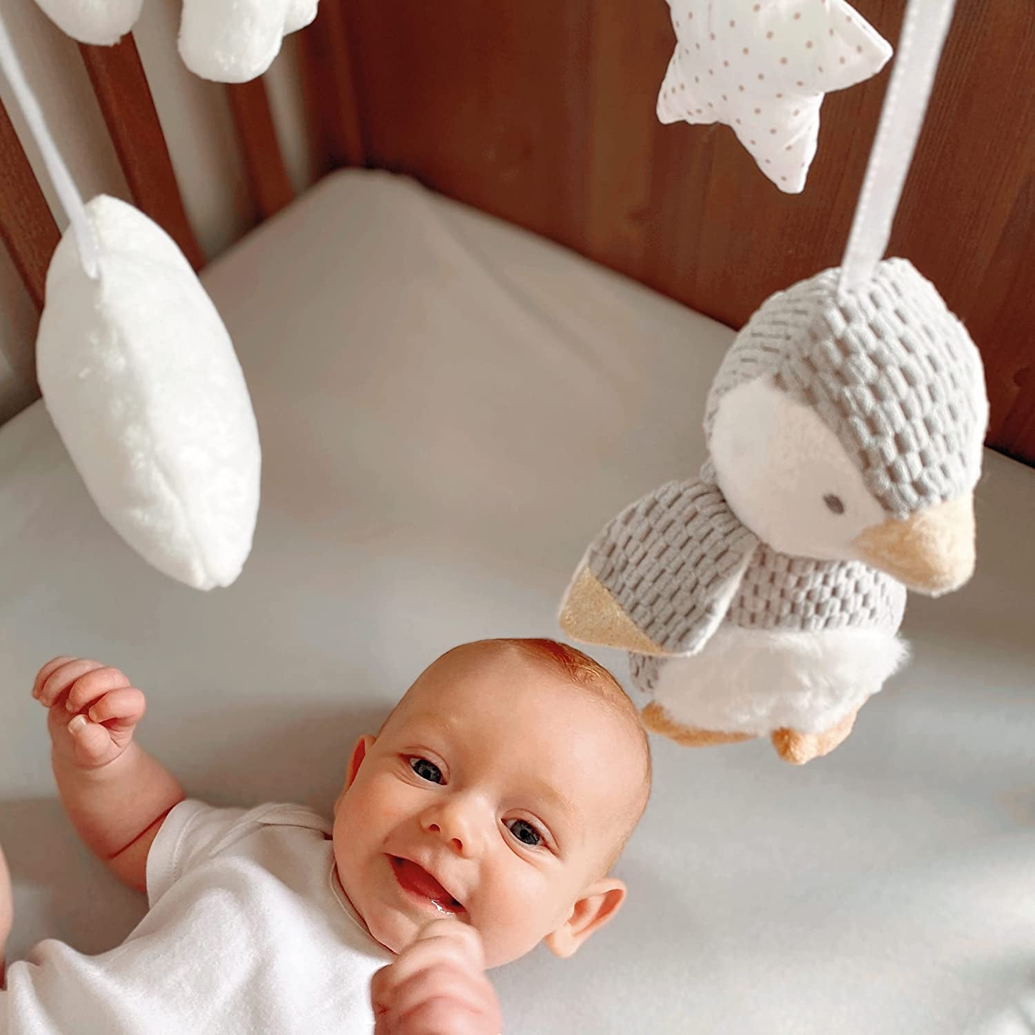 Nuby Musical Cot Mobile for Babies with Adjustable Arm to Fit All Cots. Cute Plush White and Grey Characters, Including Pebbles the Penguin and Pals(Pack of 1)
