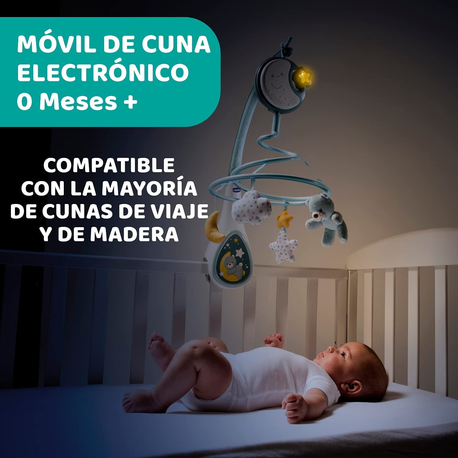 Chicco Next2Dreams Baby Mobile with Music Box for Cot and Bed - 3 in 1 Baby Mobile Compatible with Next2Me Cot, with Sound Effects, Soft Night Light Projector and Classical Music - 0+ Months, Blue