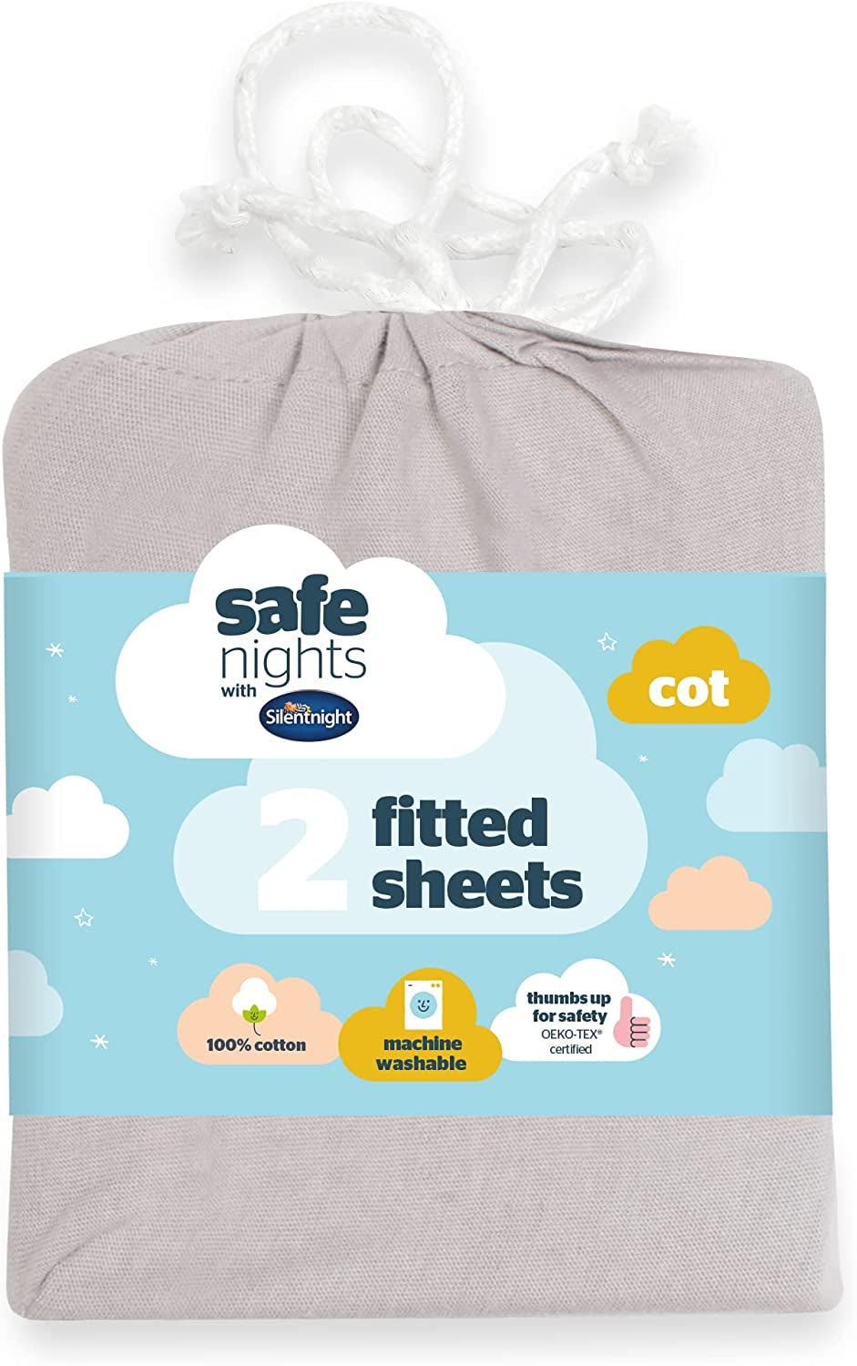 Silentnight Safe Nights Cot Bed Size Fitted Sheets Set 100% Jersey Cotton Bedside Compatible Pack of Two Grey Star easy Care Super Soft Cuddly for Baby with Storage Bag (120cm x60cm x 12cm)