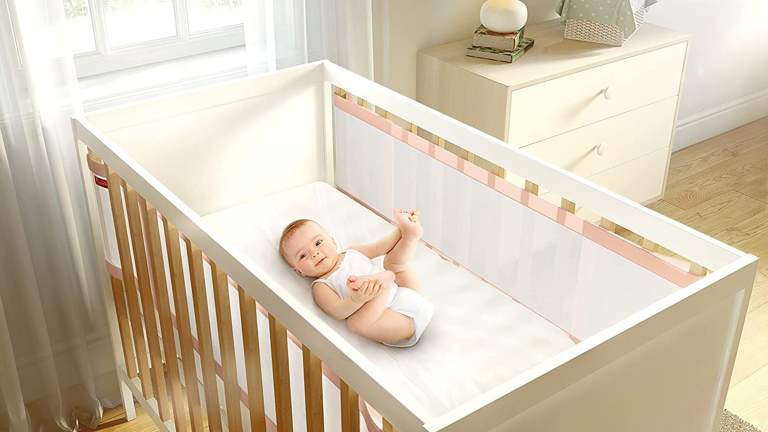 Airoya® Premium 2-sided Cot Bed Bumper, Double layers for extra-padding, Safety Standard Compliance - BS 1877, Breathable Safe Cot liner (Pink)