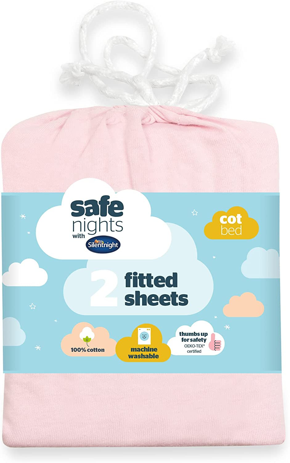 Silentnight Safe Nights Cot Bed Size Fitted Sheets Set 100% Jersey Cotton Bedside Compatible Pack of Two Grey Star easy Care Super Soft Cuddly for Baby with Storage Bag (120cm x60cm x 12cm)