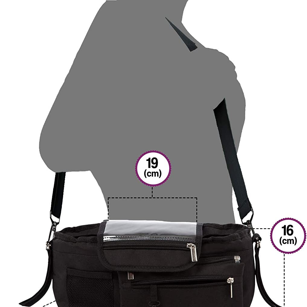 BTR Buggy Organiser Pram Organiser Bag with Detachable Purse & Mobile Phone Holder. Plus Additional Pram Clips. Recyclable Packaging, Black