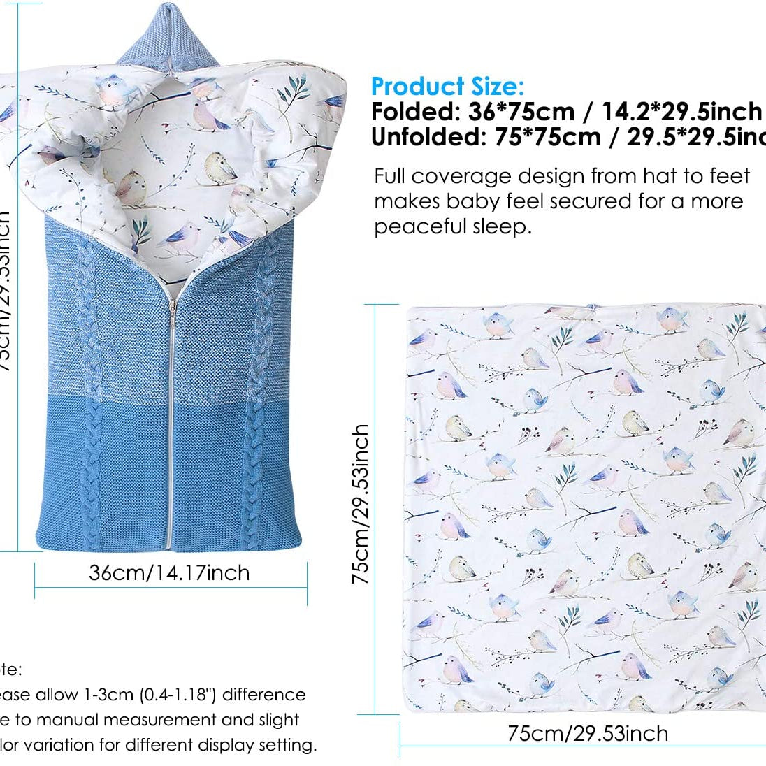 Baby Swaddle Blanket Stroller Wrap,Soft Thick Fleece Warm Blanket Newborn Sleeping Bag for 0-12 Month Boys Girls