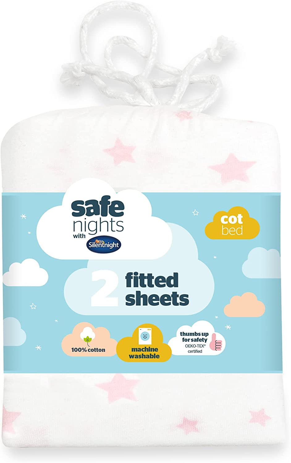 Silentnight Safe Nights Cot Bed Size Fitted Sheets Set 100% Jersey Cotton Bedside Compatible Pack of Two Grey Star easy Care Super Soft Cuddly for Baby with Storage Bag (120cm x60cm x 12cm)