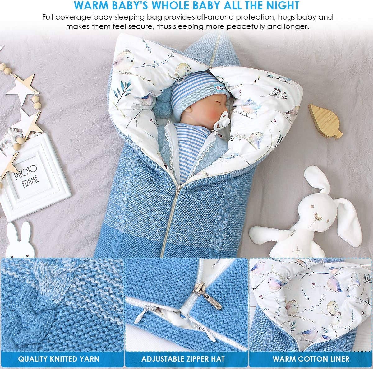 Baby Swaddle Blanket Stroller Wrap,Soft Thick Fleece Warm Blanket Newborn Sleeping Bag for 0-12 Month Boys Girls
