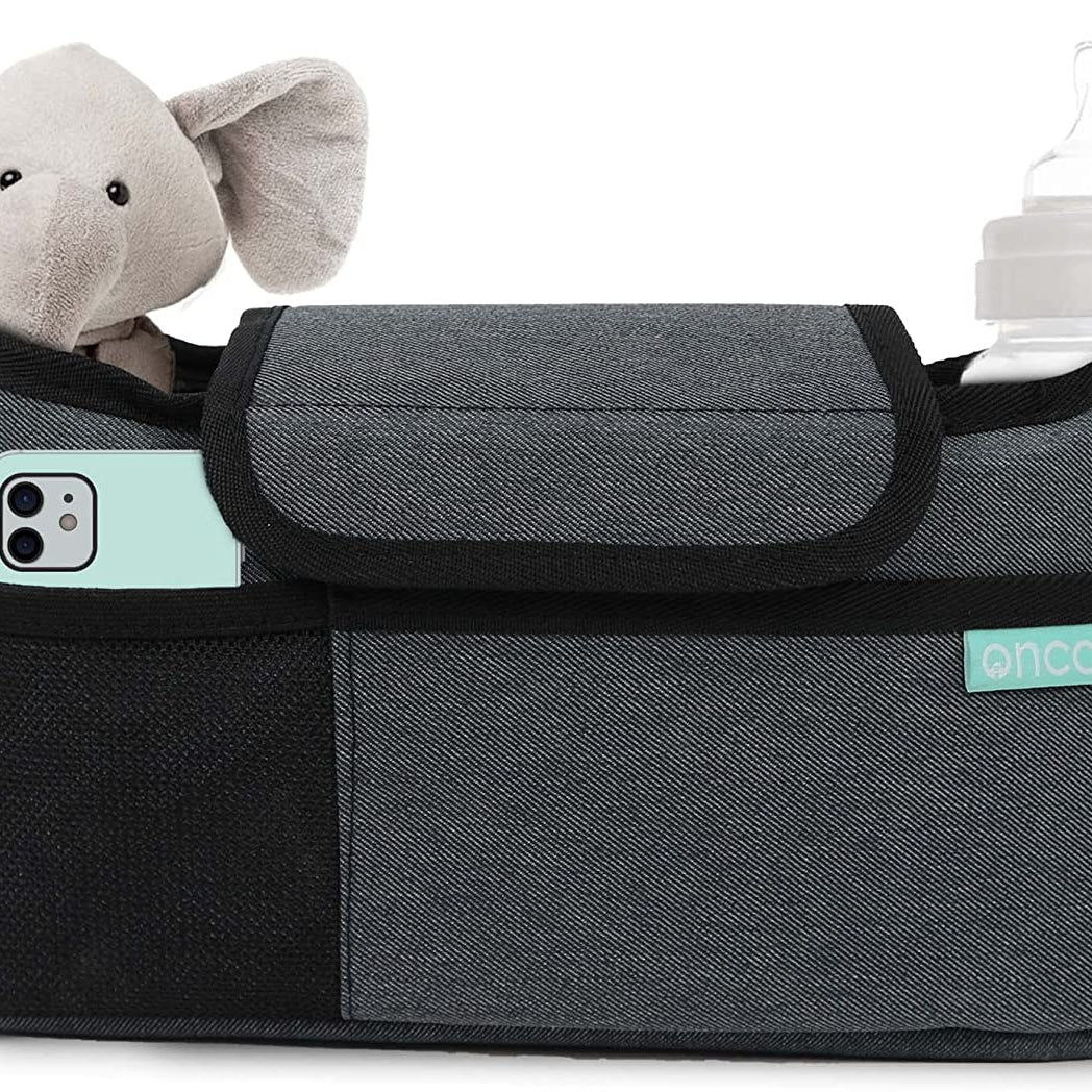 Onco Premium Pram Bag - Large Capacity Buggy Organiser with Pram Cup Holder - Ultra Secure Universal Fit Pram Accessories (Charcoal Grey)