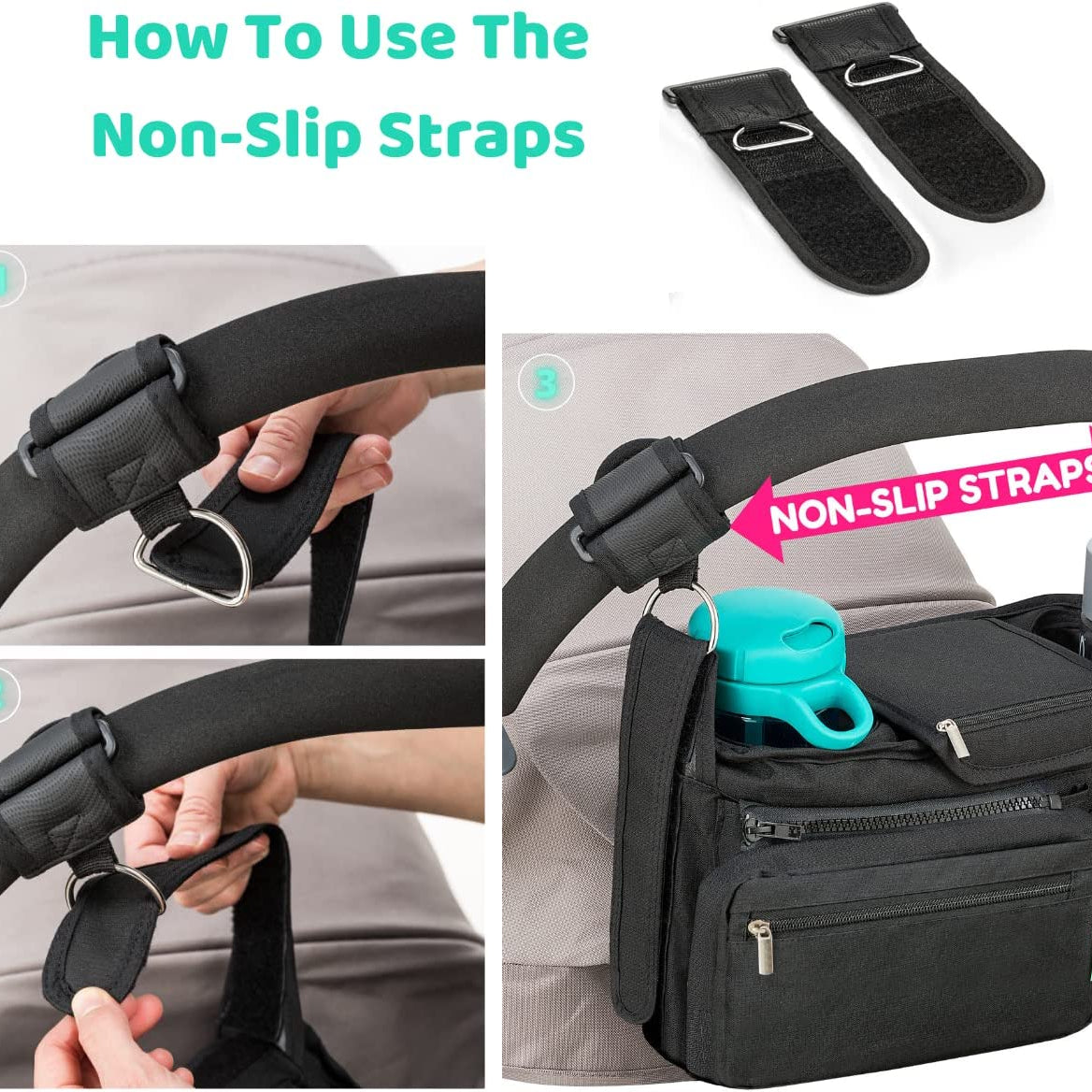 Non-Slip Pram Organiser with Cup Holder, Exclusive Strap Grip Handlebar, Universal Buggy Organiser Bag for Every Model Pushchair and Stroller