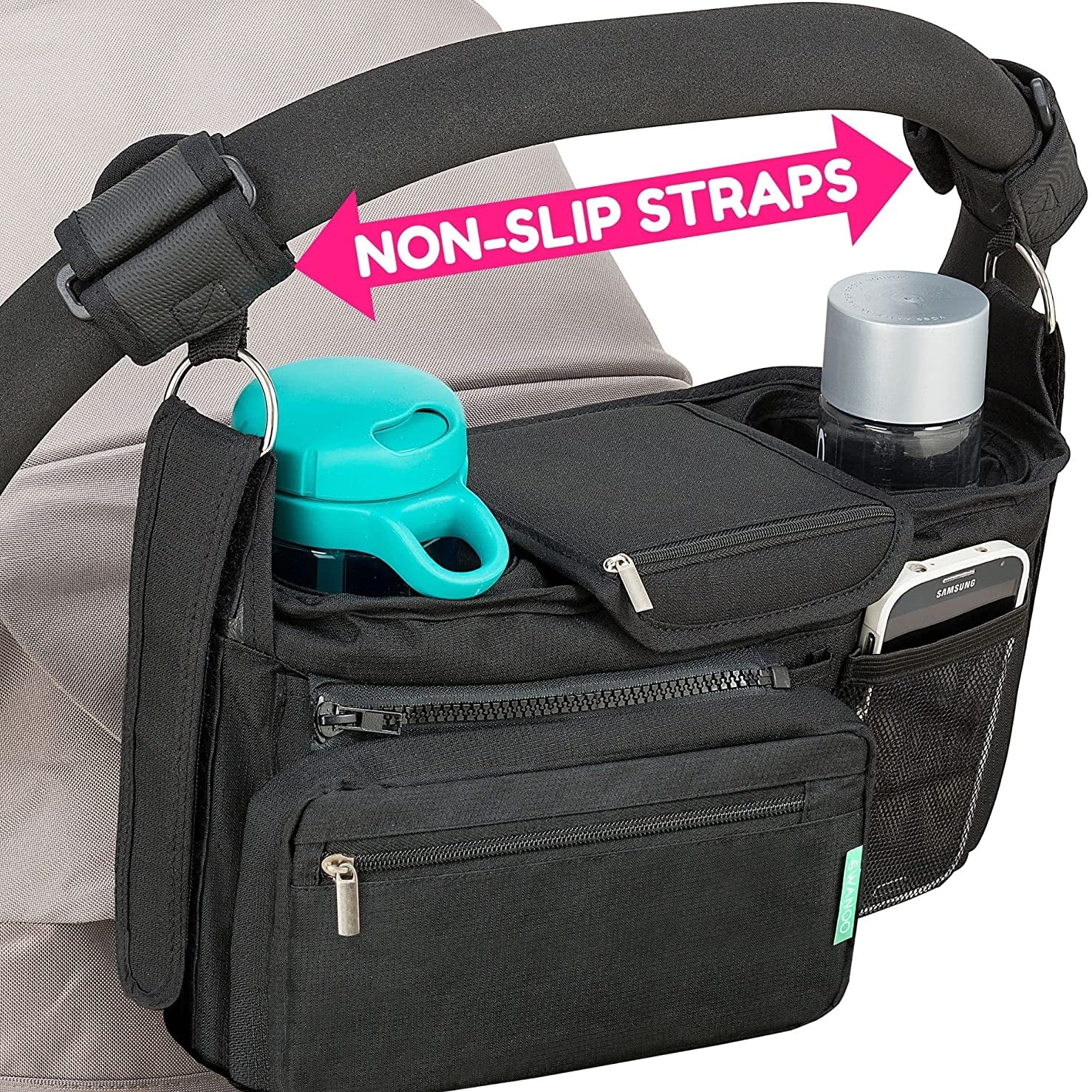 Non-Slip Pram Organiser with Cup Holder, Exclusive Strap Grip Handlebar, Universal Buggy Organiser Bag for Every Model Pushchair and Stroller
