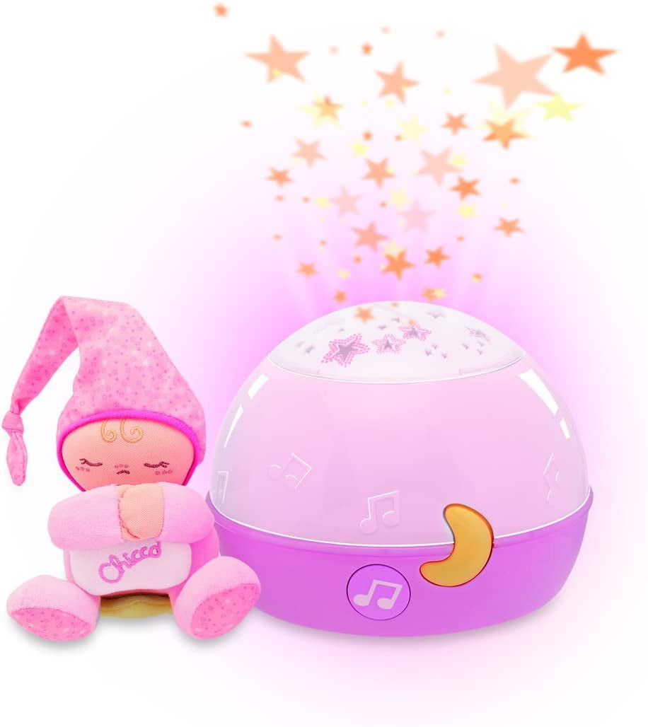 Chicco Goodnight Stars Pink Baby Night Light Projector, Multicolour Baby Night Light and Star Projector, Baby Music Box with Relaxing Music, Soft Removable Plush Toy - Baby Toys 0+ Months
