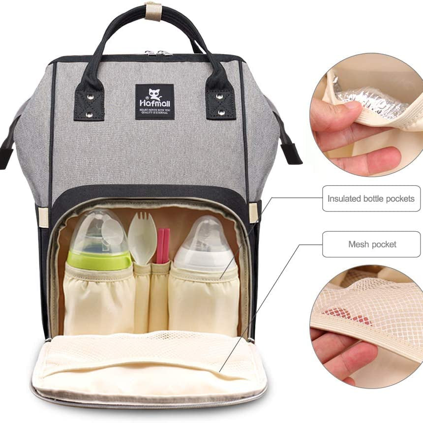 Hafmall Changing Bag Backpack Waterproof Travel Baby Bag, Stylish Large Capacity Nappy Backpack with Changing Mat and Stroller Straps (Black+Gray)