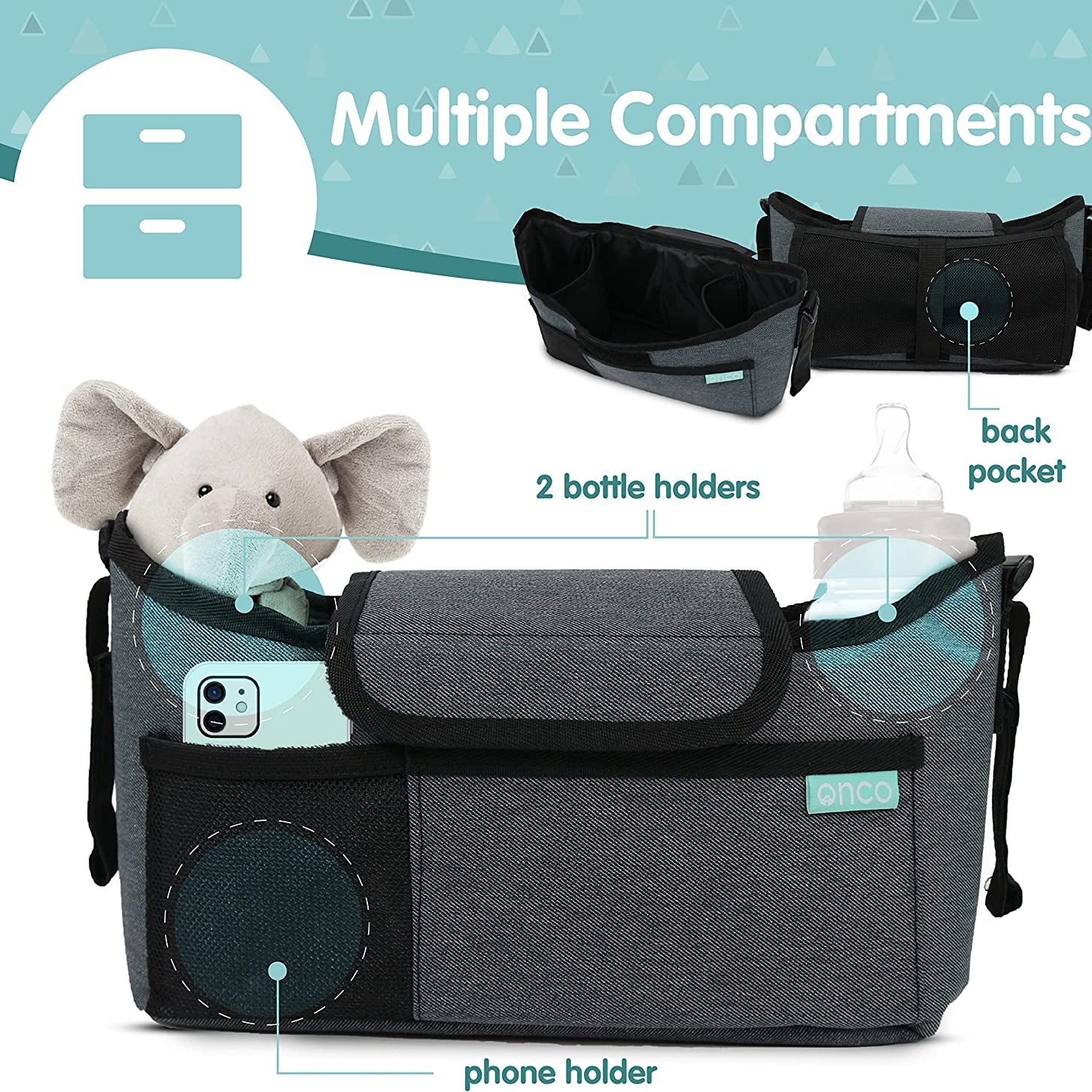 Onco Premium Pram Bag - Large Capacity Buggy Organiser with Pram Cup Holder - Ultra Secure Universal Fit Pram Accessories (Charcoal Grey)