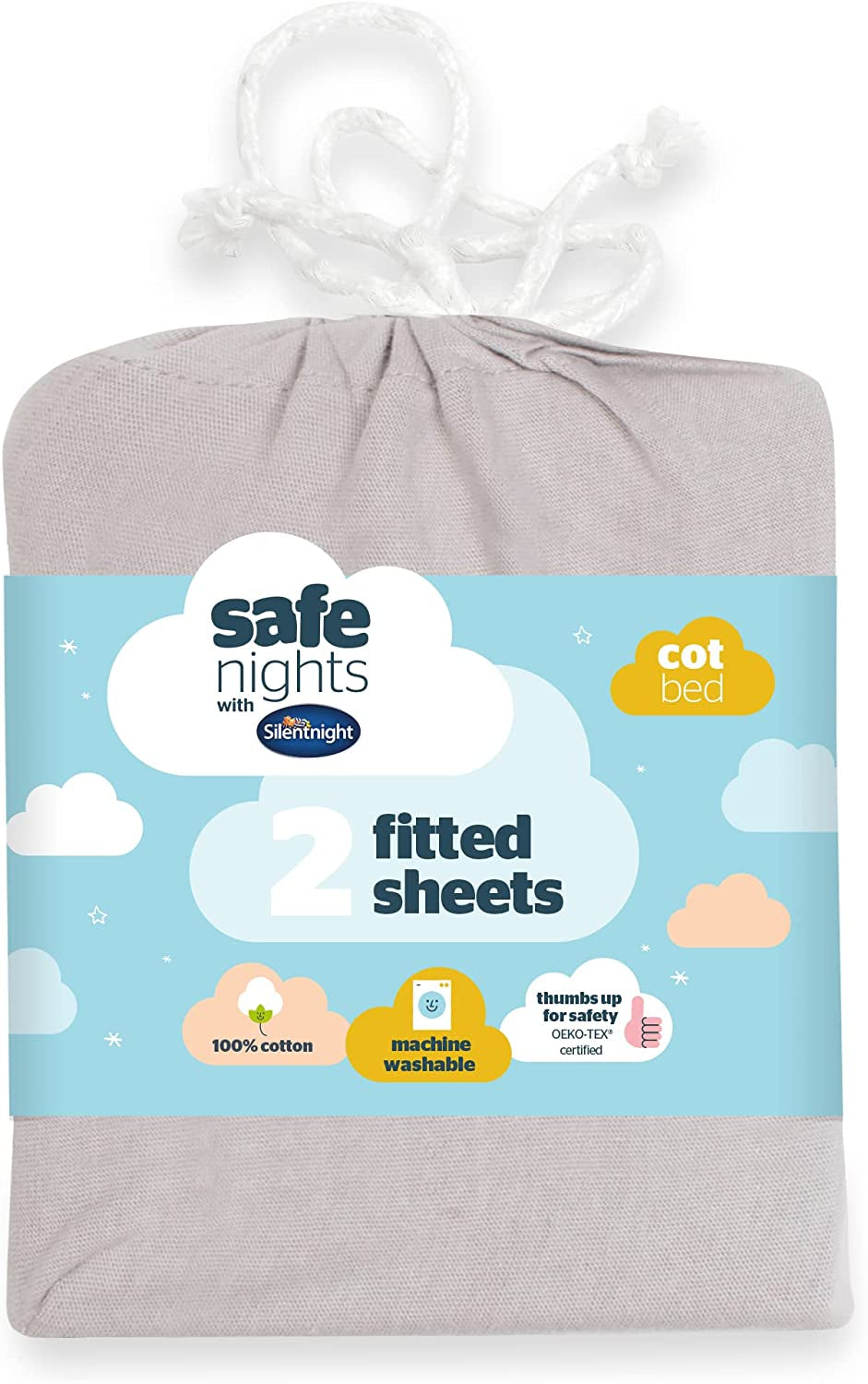 Silentnight Safe Nights Cot Bed Size Fitted Sheets Set 100% Jersey Cotton Bedside Compatible Pack of Two Grey Star easy Care Super Soft Cuddly for Baby with Storage Bag (120cm x60cm x 12cm)
