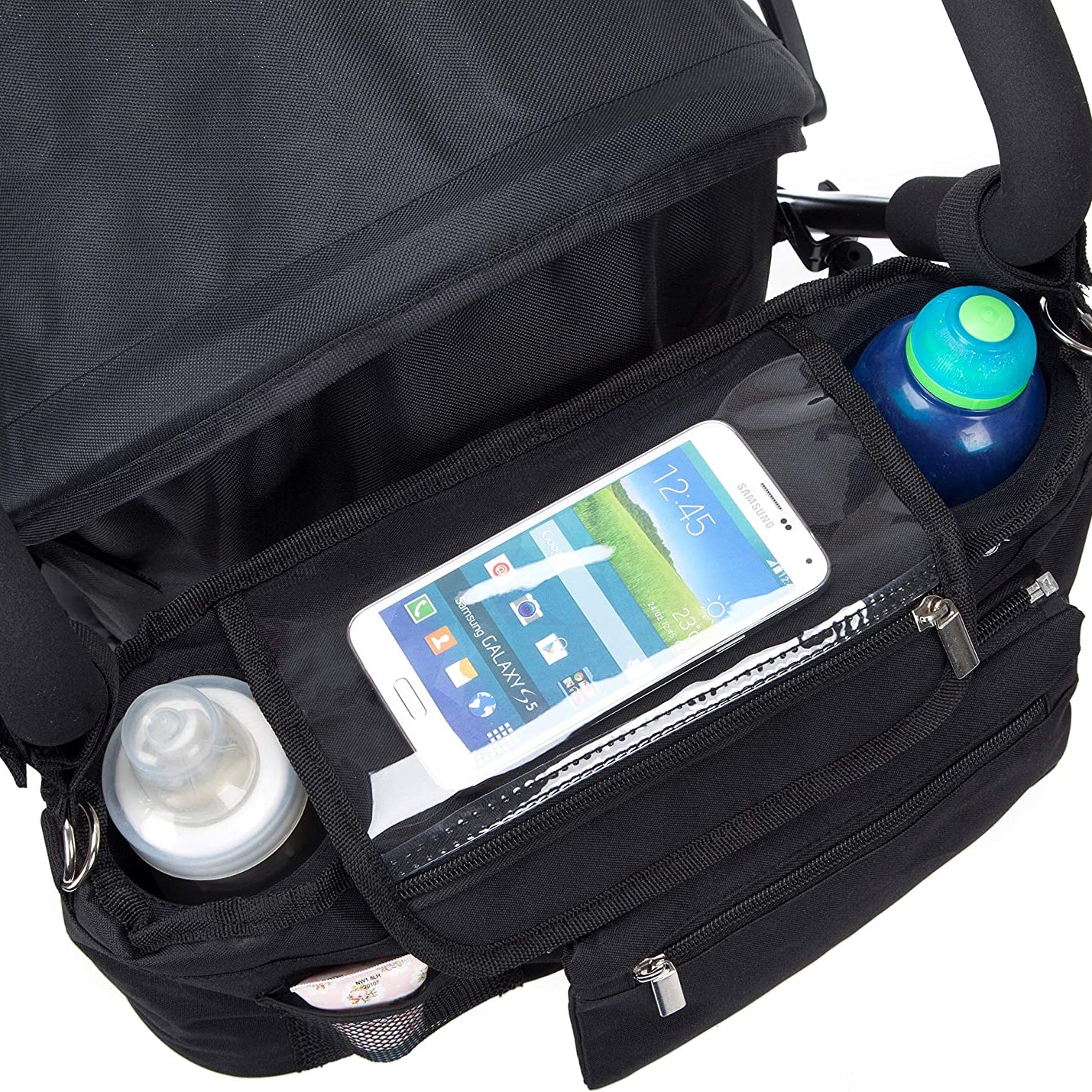 BTR Buggy Organiser Pram Organiser Bag with Detachable Purse & Mobile Phone Holder. Plus Additional Pram Clips. Recyclable Packaging, Black