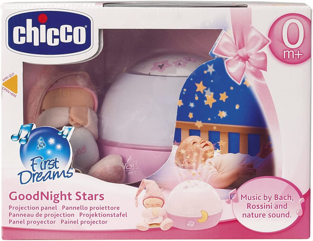 Chicco Goodnight Stars Pink Baby Night Light Projector, Multicolour Baby Night Light and Star Projector, Baby Music Box with Relaxing Music, Soft Removable Plush Toy - Baby Toys 0+ Months