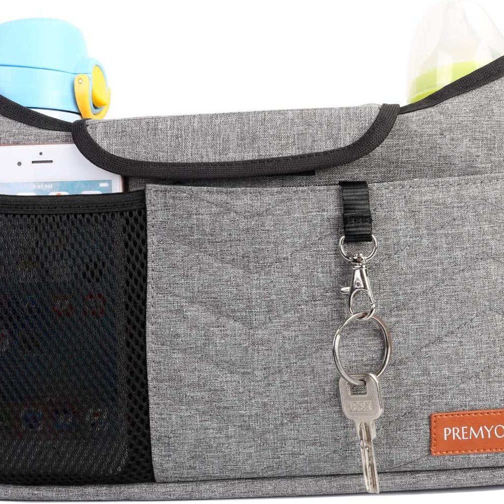 PREMYO Buggy Organiser Pram Bag Stroller - Cup Holder Universal Fit Spacious - with Changing Mat Shoulder Strap Black