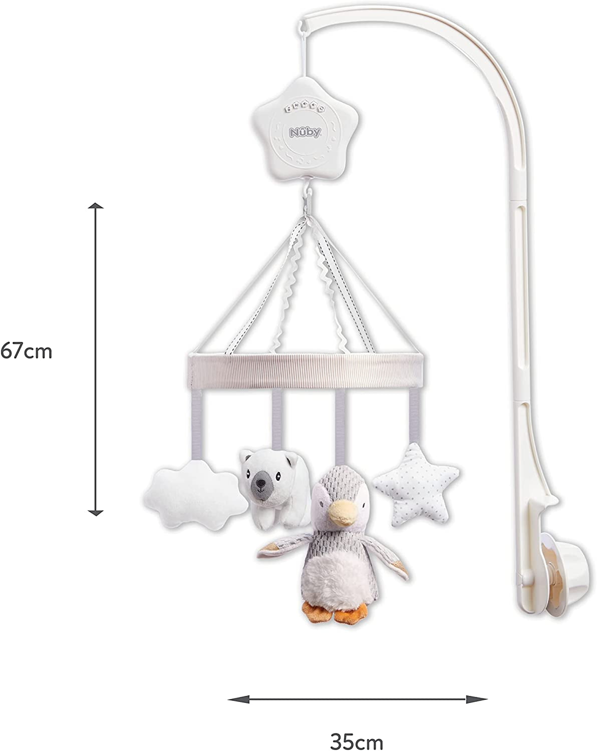 Nuby Musical Cot Mobile for Babies with Adjustable Arm to Fit All Cots. Cute Plush White and Grey Characters, Including Pebbles the Penguin and Pals(Pack of 1)