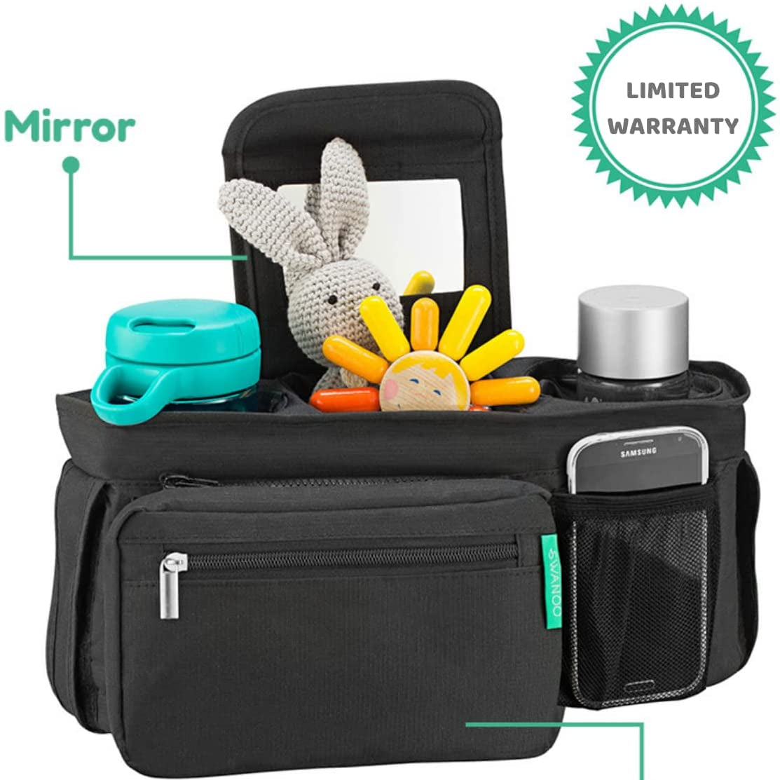 Non-Slip Pram Organiser with Cup Holder, Exclusive Strap Grip Handlebar, Universal Buggy Organiser Bag for Every Model Pushchair and Stroller