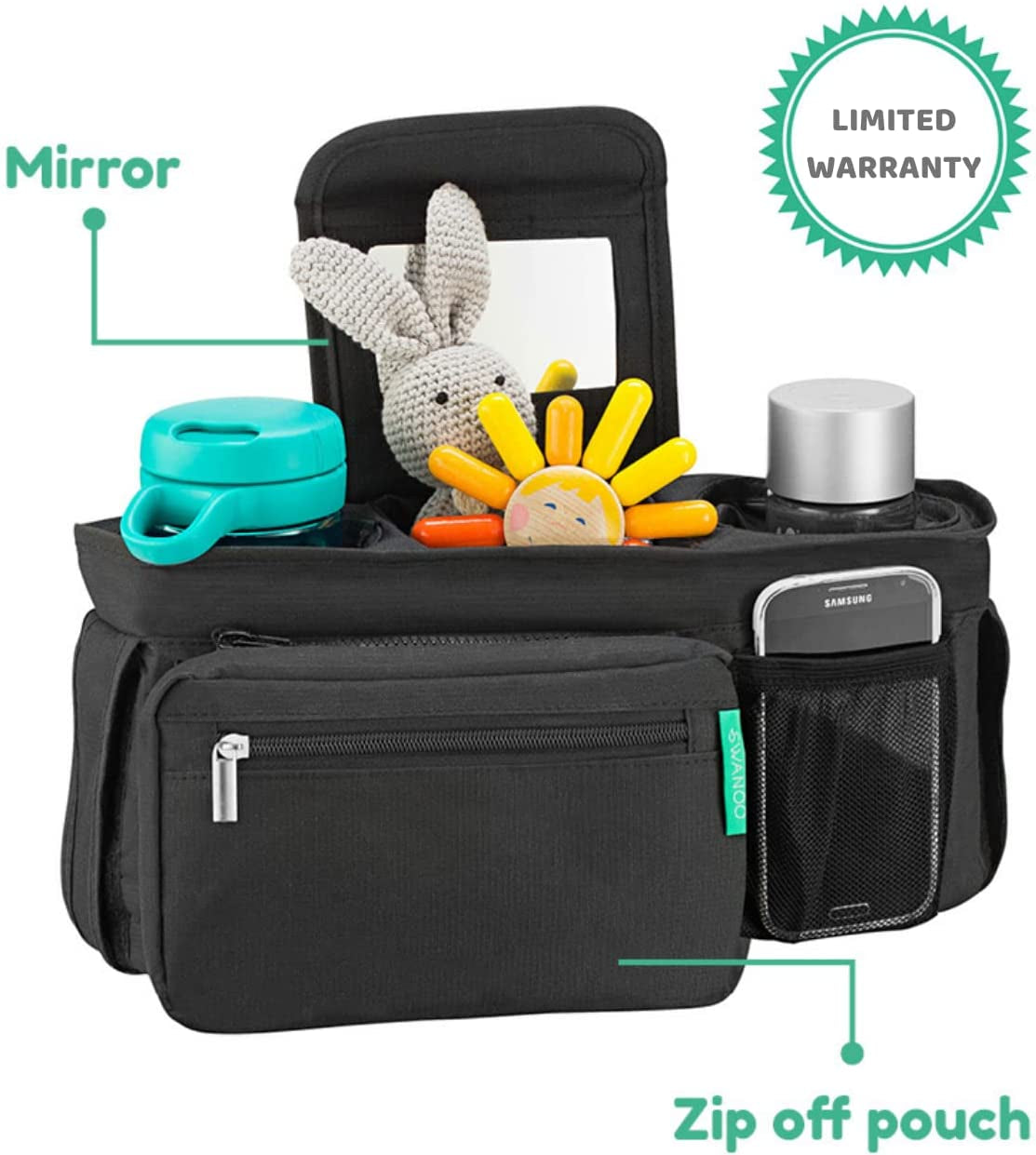 Non-Slip Pram Organiser with Cup Holder, Exclusive Strap Grip Handlebar, Universal Buggy Organiser Bag for Every Model Pushchair and Stroller