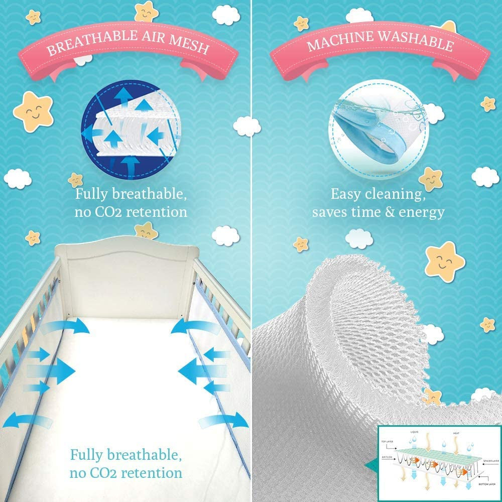 Airoya® Premium 2-sided Cot Bed Bumper, Double layers for extra-padding, Safety Standard Compliance - BS 1877, Breathable Safe Cot liner (Pink)