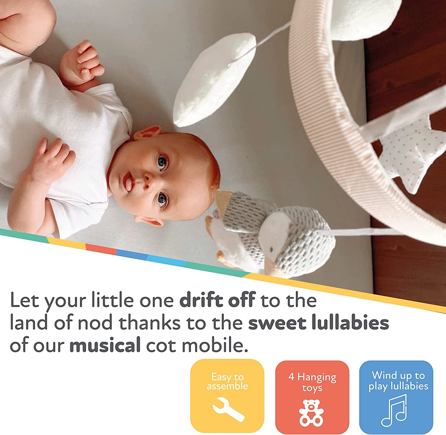 Nuby Musical Cot Mobile for Babies with Adjustable Arm to Fit All Cots. Cute Plush White and Grey Characters, Including Pebbles the Penguin and Pals(Pack of 1)