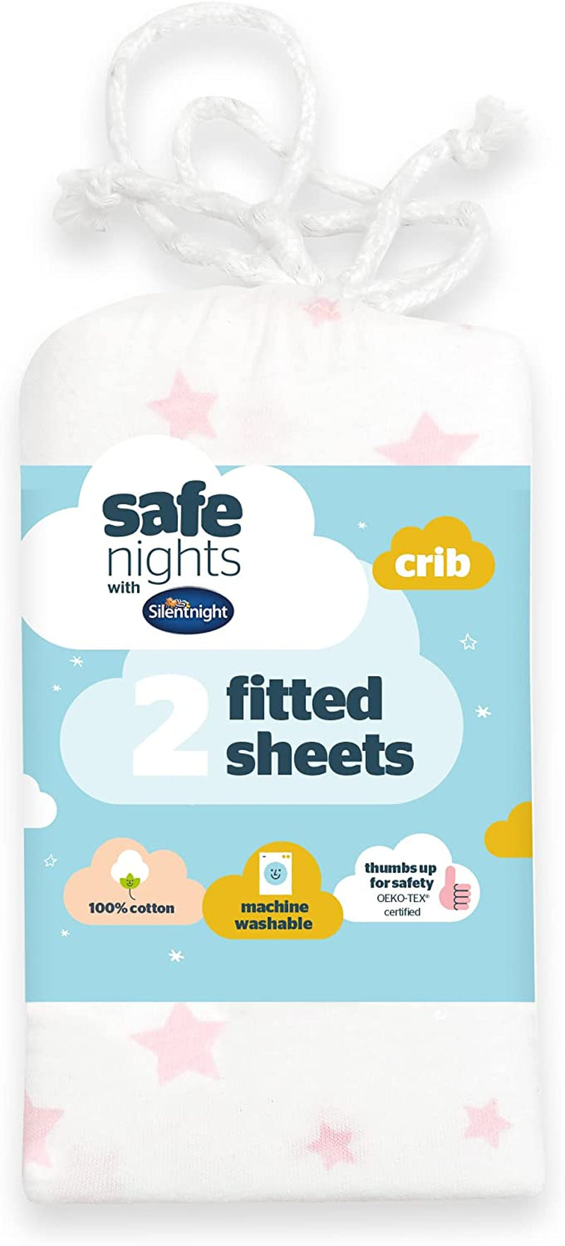 Silentnight Safe Nights Cot Bed Size Fitted Sheets Set 100% Jersey Cotton Bedside Compatible Pack of Two Grey Star easy Care Super Soft Cuddly for Baby with Storage Bag (120cm x60cm x 12cm)