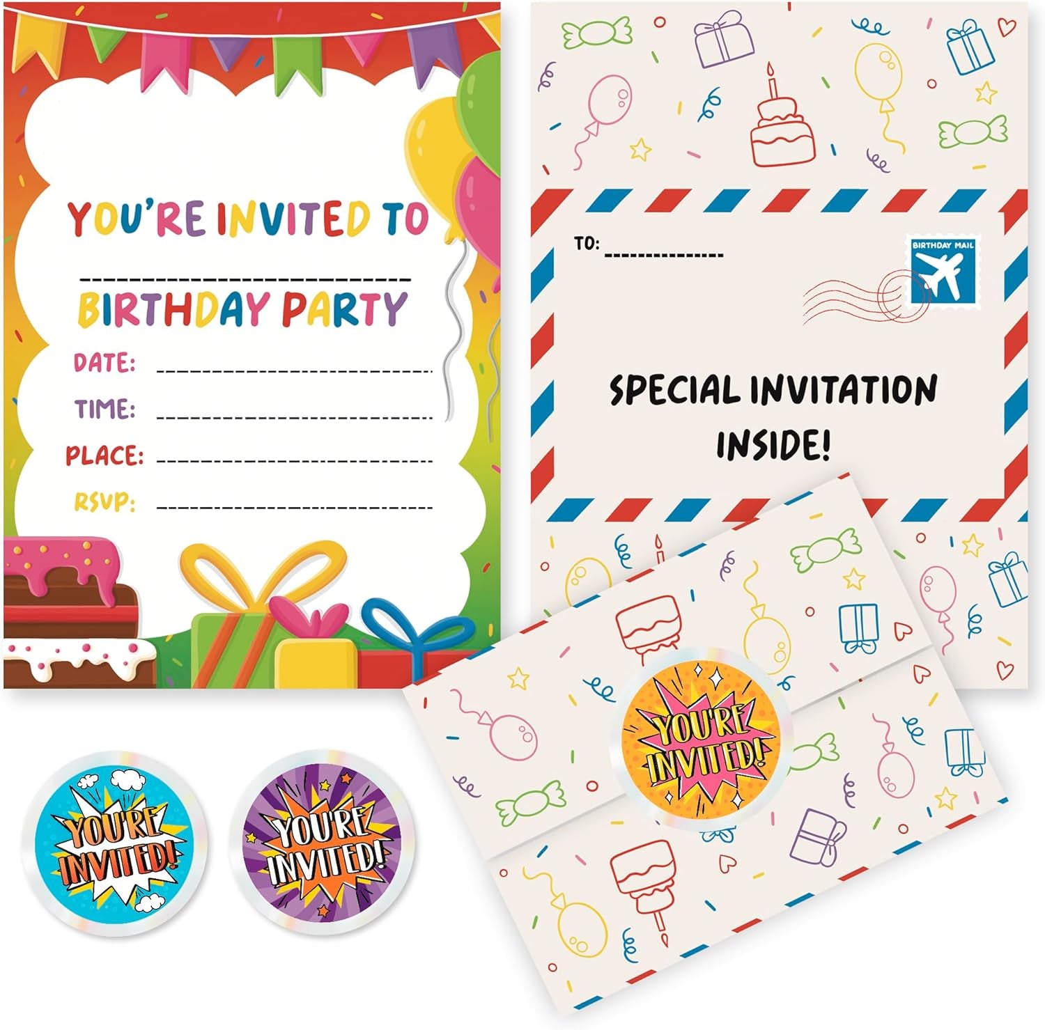 VELENTI 40 Kids Children's Birthday Party Invitations with Folding Envelope Design and Holographic Stickers"