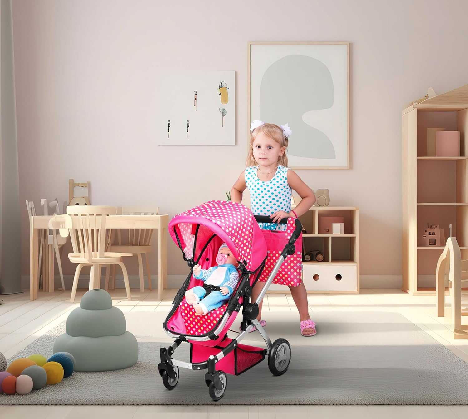 fash n Kolor Doll s Pram with Swivel Wheels and Adjustable Handle with Changing Bag and 2 Free Magic Bottles Included Polkadot