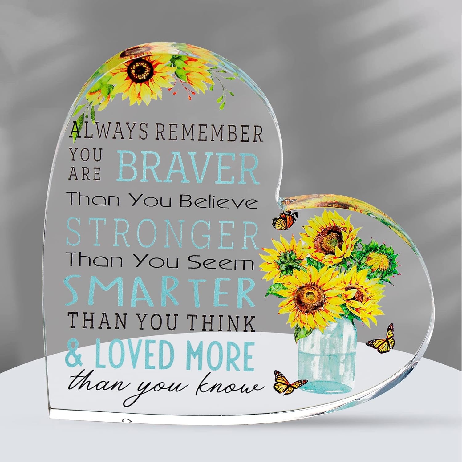 Motivational Gifts - Acrylic Hearts with Heartwarming Message - Inspirational Gifts for Women, Men Gifts - Home Office Desk Decor - Best Friends Gifts, Colleague Leaving Gifts, (Heart - Blue Flower)